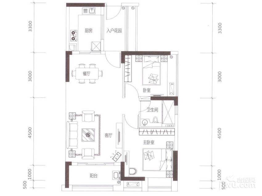 基盛水韵蓝湾2室2厅1卫85㎡户型图