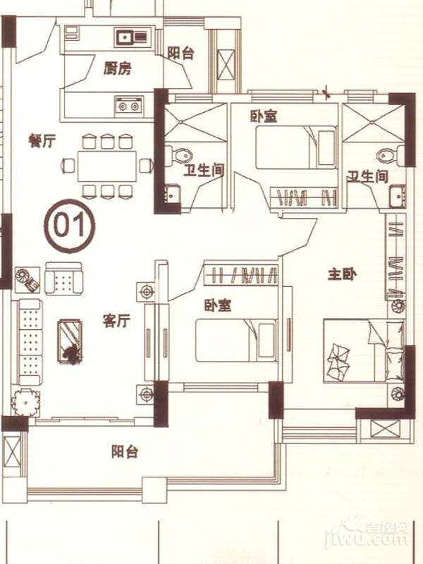 誉林公园一号3室2厅2卫98.3㎡户型图