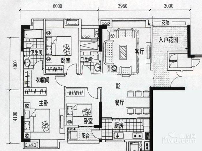 龙津华府2室2厅1卫95.9㎡户型图