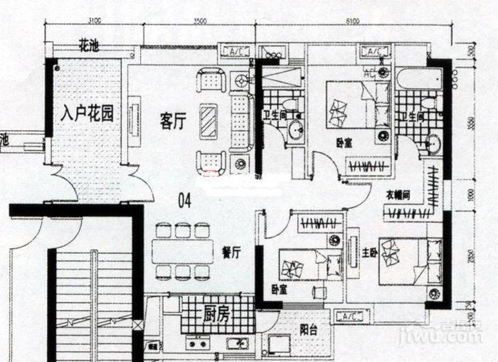 龙津华府3室2厅1卫114.2㎡户型图