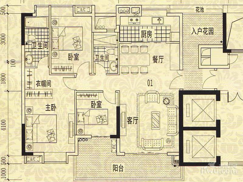 龙津华府3室2厅2卫123.8㎡户型图