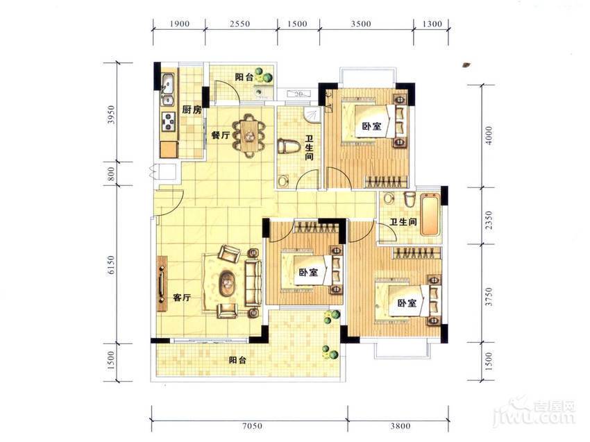 兴业海逸半岛花园3室2厅2卫121㎡户型图