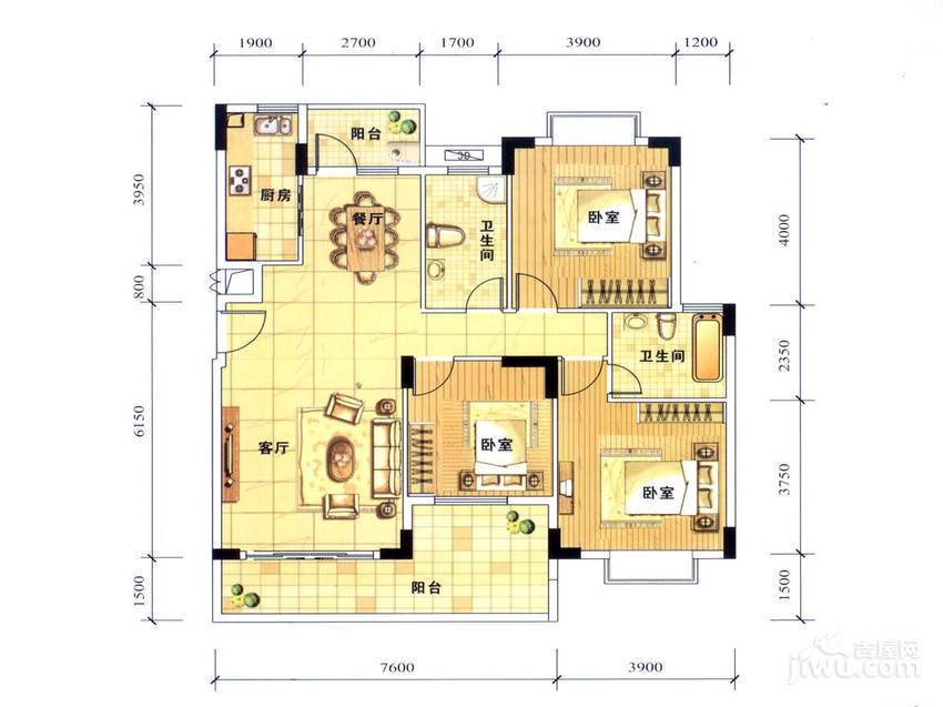 兴业海逸半岛花园3室2厅2卫130㎡户型图