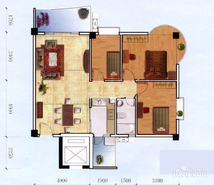 花城悦翠园3室2厅0卫96㎡户型图