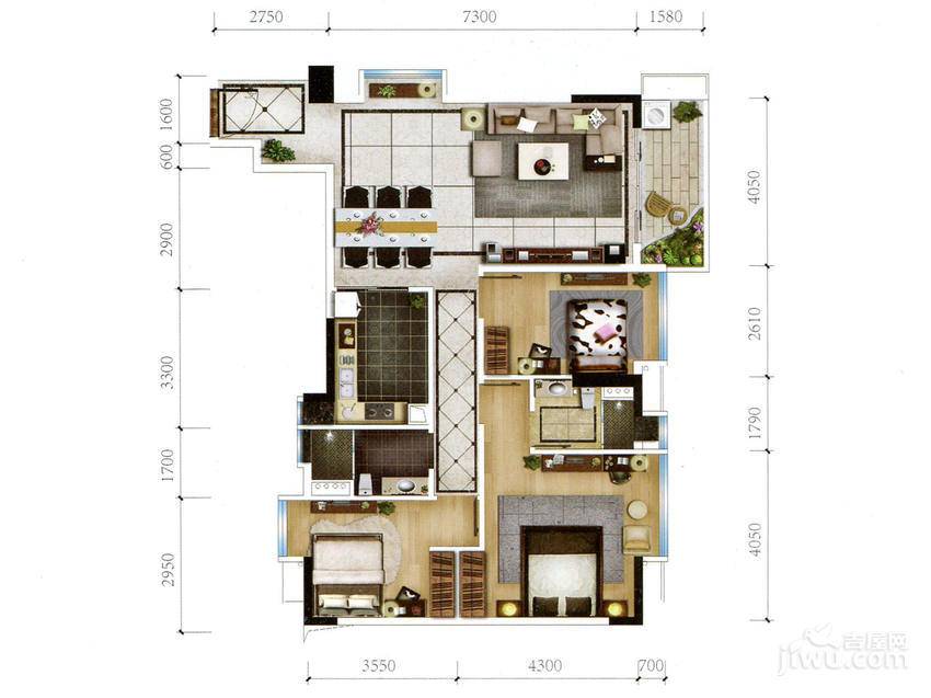 雅居乐君域公馆3室2厅2卫128㎡户型图