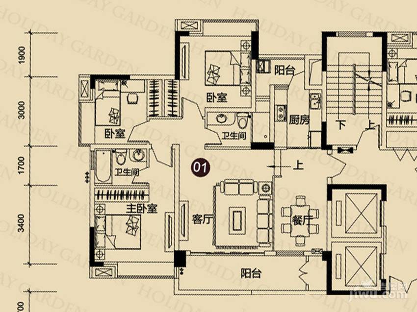 现代城·假日花园3室2厅2卫121㎡户型图