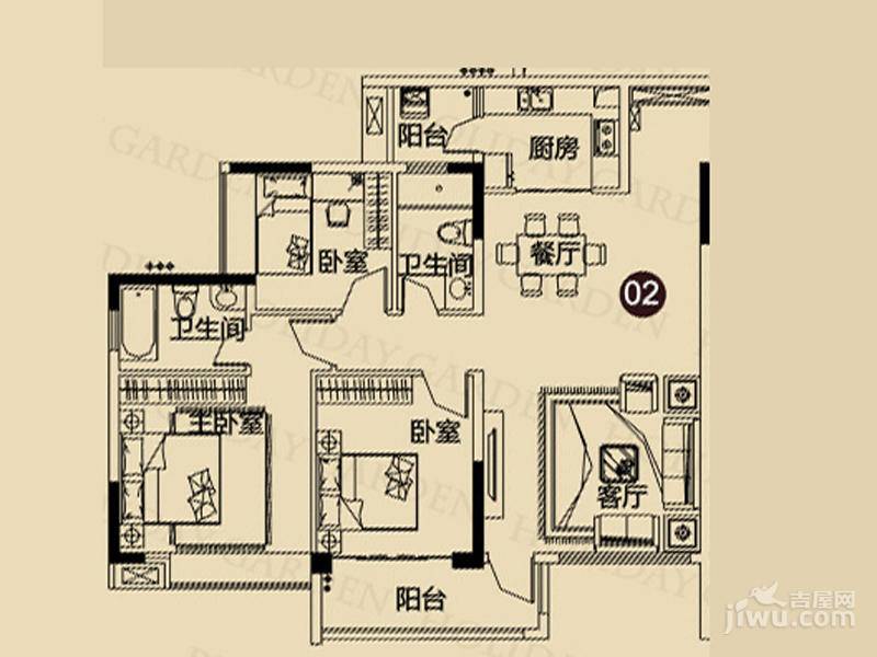 现代城·假日花园3室2厅2卫114.8㎡户型图