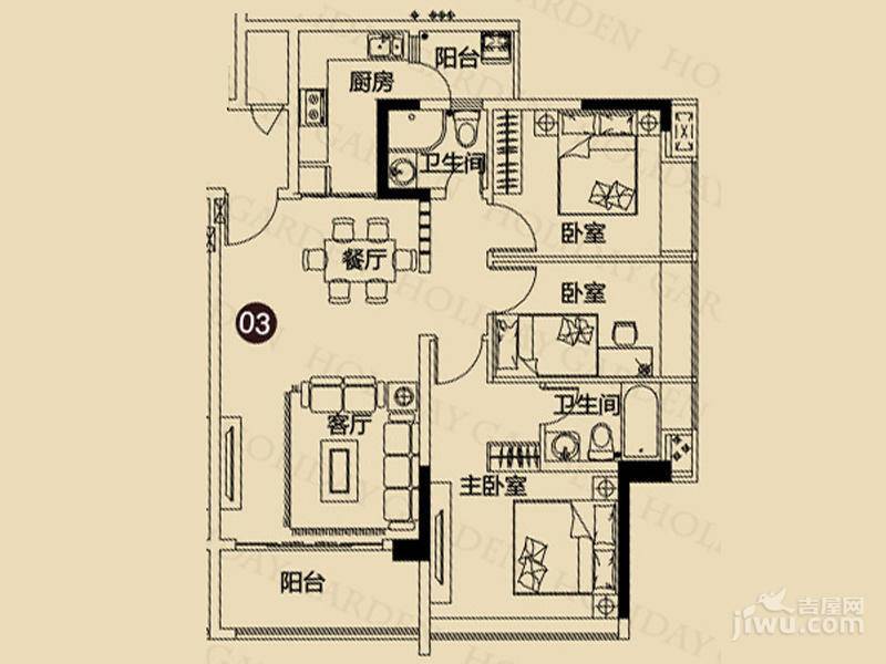 现代城·假日花园3室2厅2卫114.1㎡户型图