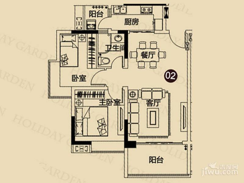 现代城·假日花园2室2厅1卫80.4㎡户型图