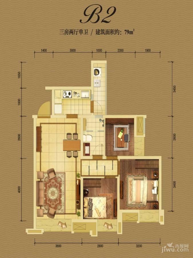 中国铁建北湖国际城3室2厅1卫79㎡户型图