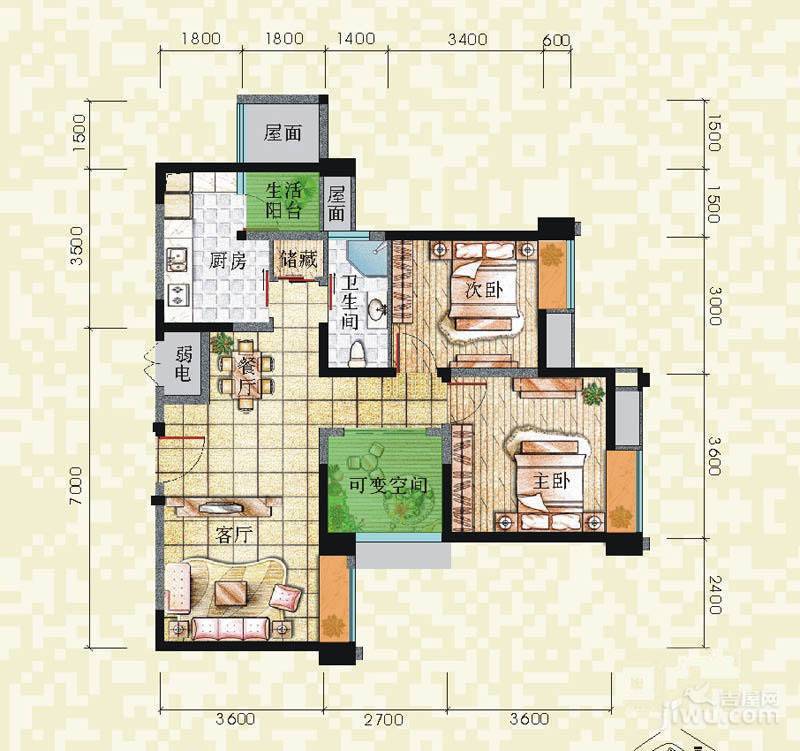 望江橡树林一期2室2厅1卫89㎡户型图