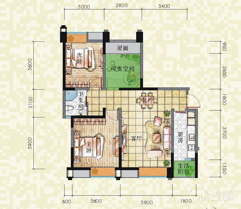 望江橡树林一期2室2厅1卫90.8㎡户型图