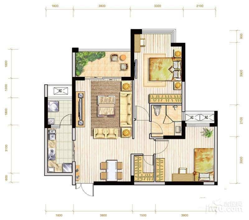 都城雅颂居2室2厅1卫95㎡户型图