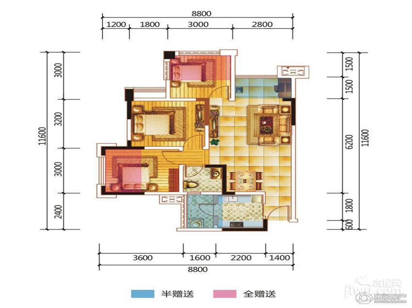 中铁银杏广场3室2厅1卫77.6㎡户型图