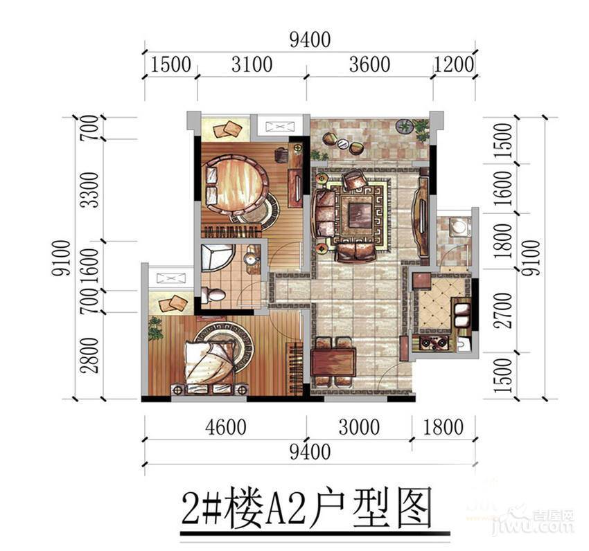 金科中心2室2厅1卫80㎡户型图