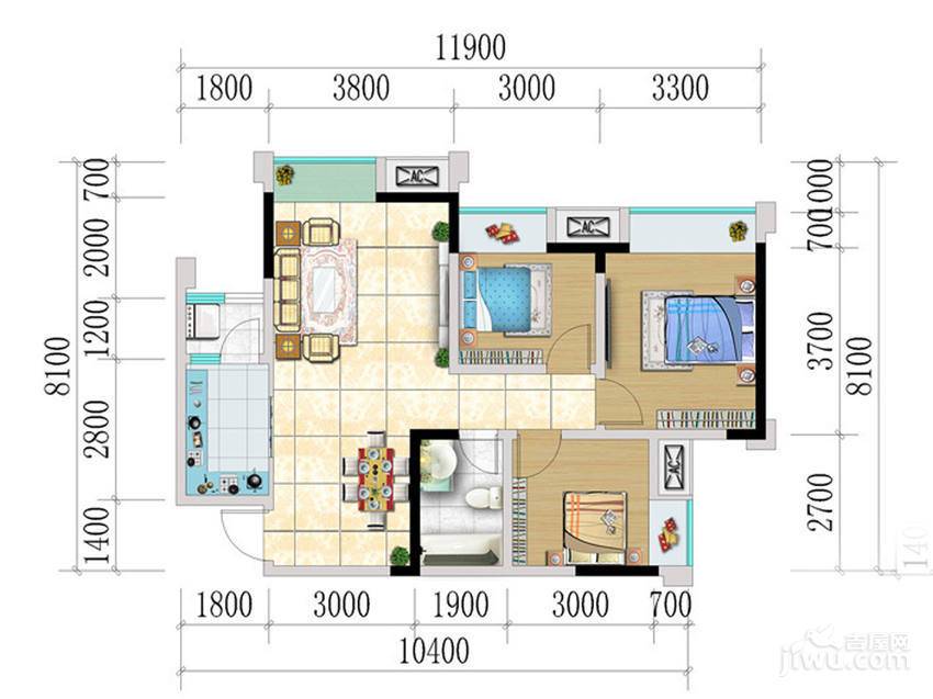 金科中心3室2厅1卫85㎡户型图