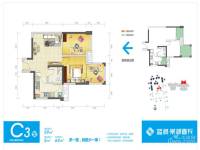 蓝润棠湖春天3室2厅1卫64㎡户型图