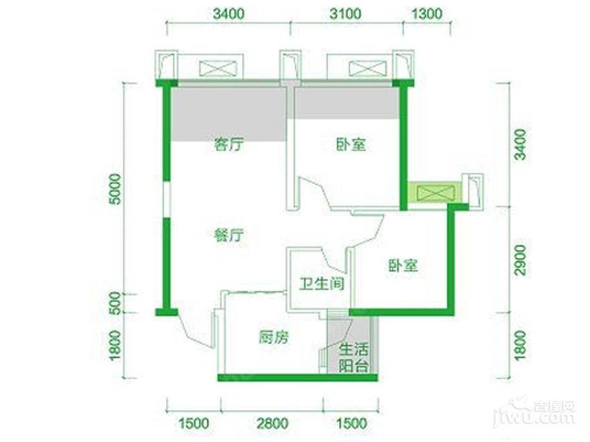 交大归谷建设派2室2厅1卫60㎡户型图