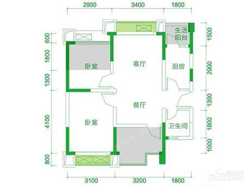 交大归谷建设派2室2厅1卫60㎡户型图