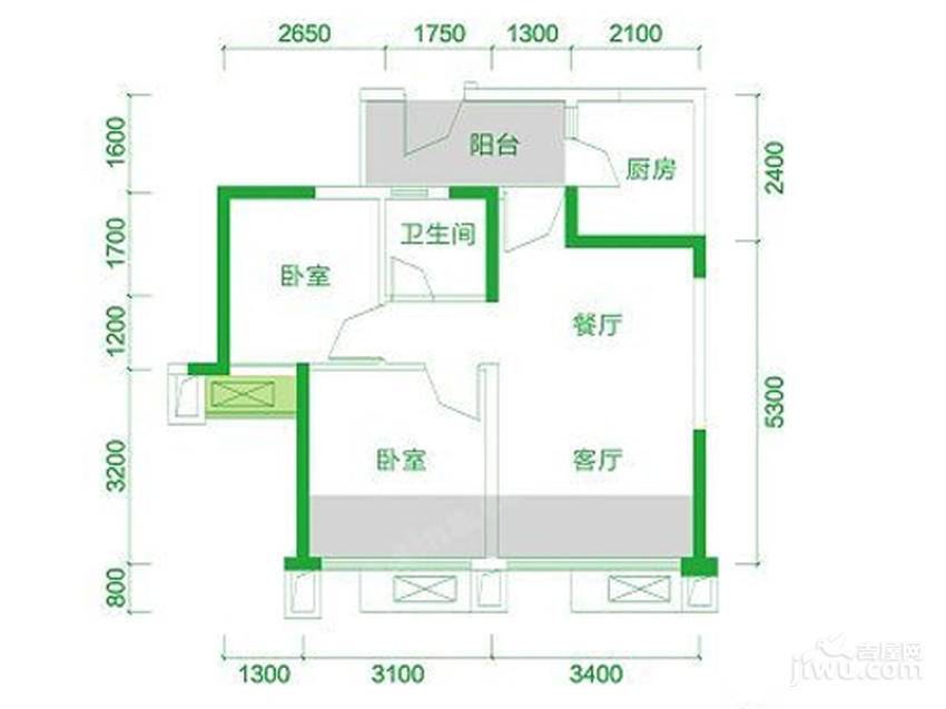 交大归谷建设派2室2厅1卫61㎡户型图