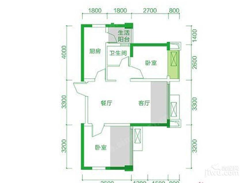 交大归谷建设派2室2厅1卫61㎡户型图