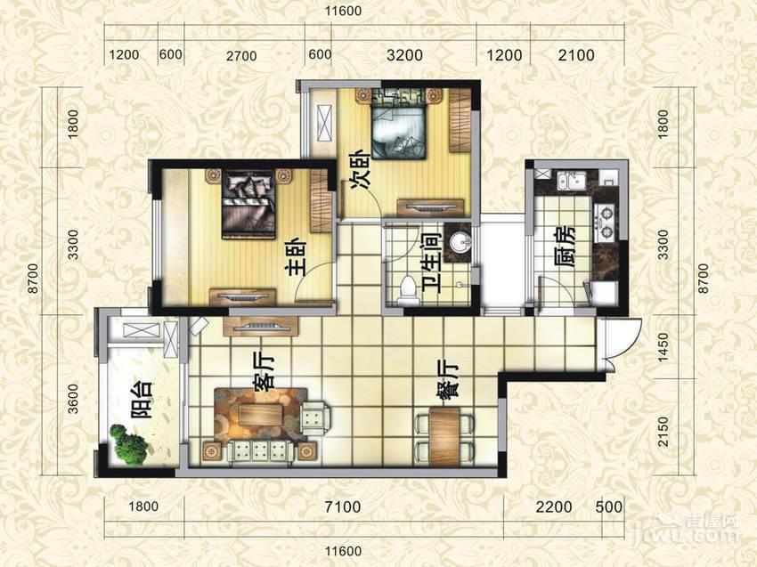 巴黎都市2室2厅1卫76.1㎡户型图