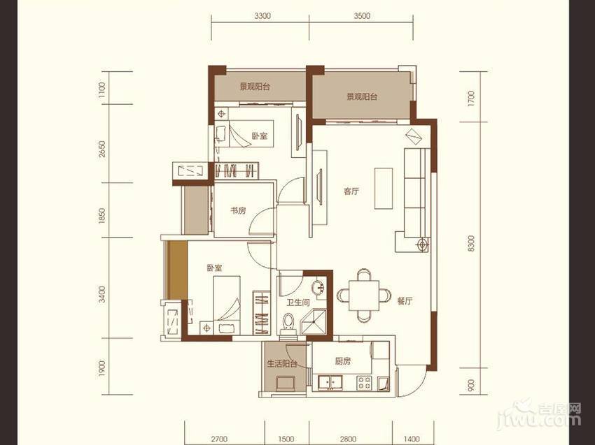 中国铁建青秀城3室2厅1卫90㎡户型图