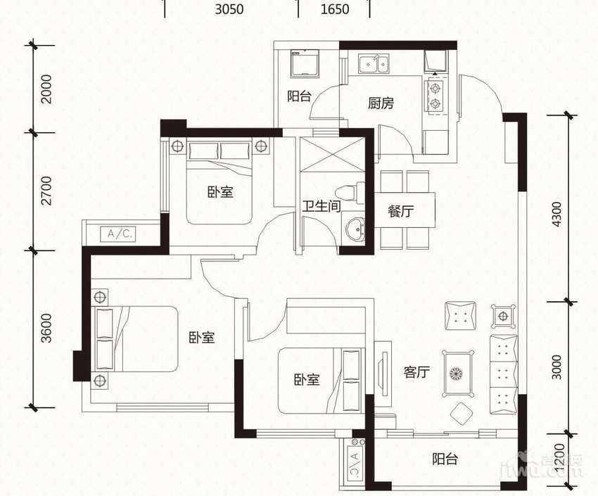 融创南湖逸家3室2厅1卫75㎡户型图