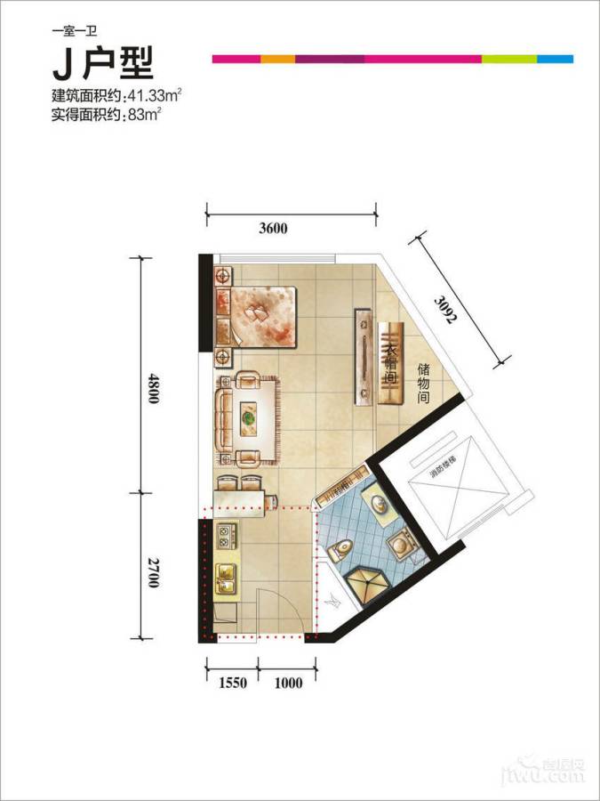 师大现代花园1室0厅1卫41.3㎡户型图