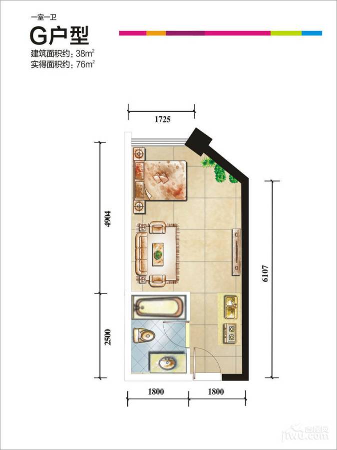 师大现代花园1室0厅1卫38㎡户型图