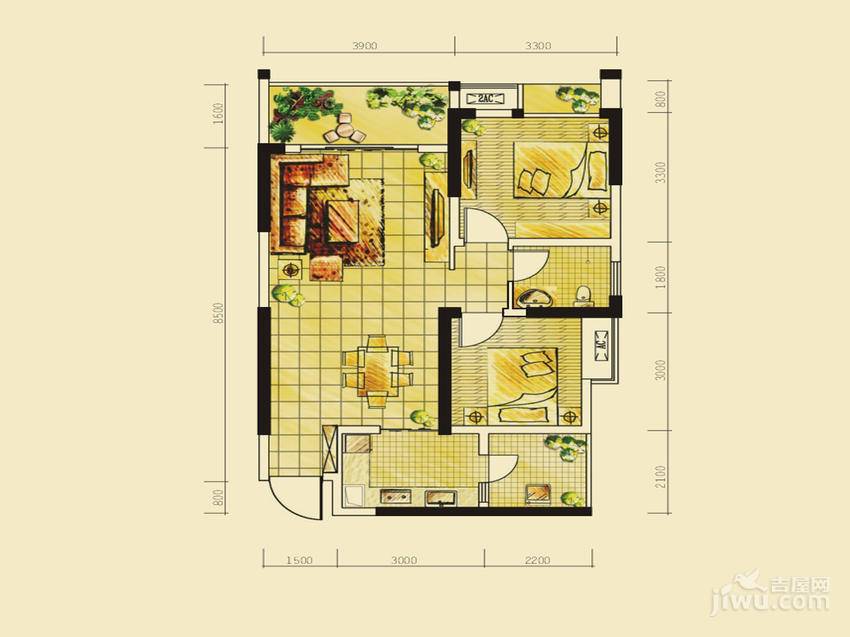 格凌兰1室2厅1卫74.2㎡户型图