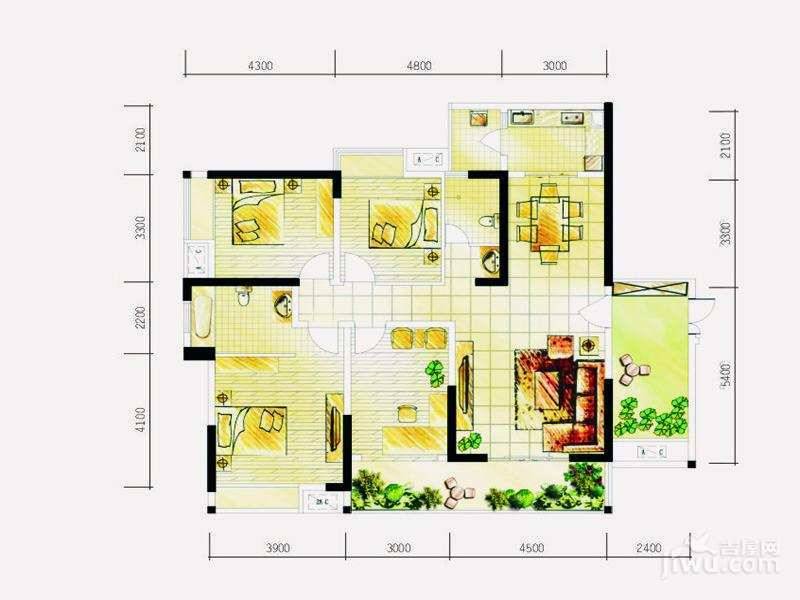 格凌兰1室2厅1卫74.2㎡户型图