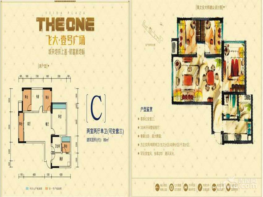 飞大壹号广场商铺3室2厅1卫89㎡户型图