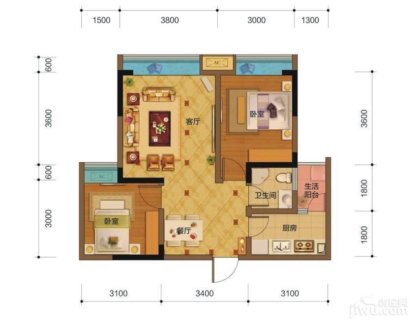 盛源学府名城2室2厅2卫70.4㎡户型图