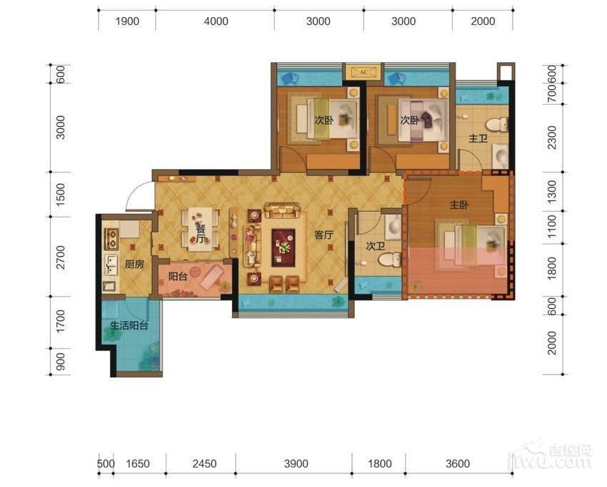 盛源学府名城3室2厅2卫89.1㎡户型图