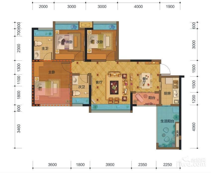 盛源学府名城3室2厅2卫89.1㎡户型图