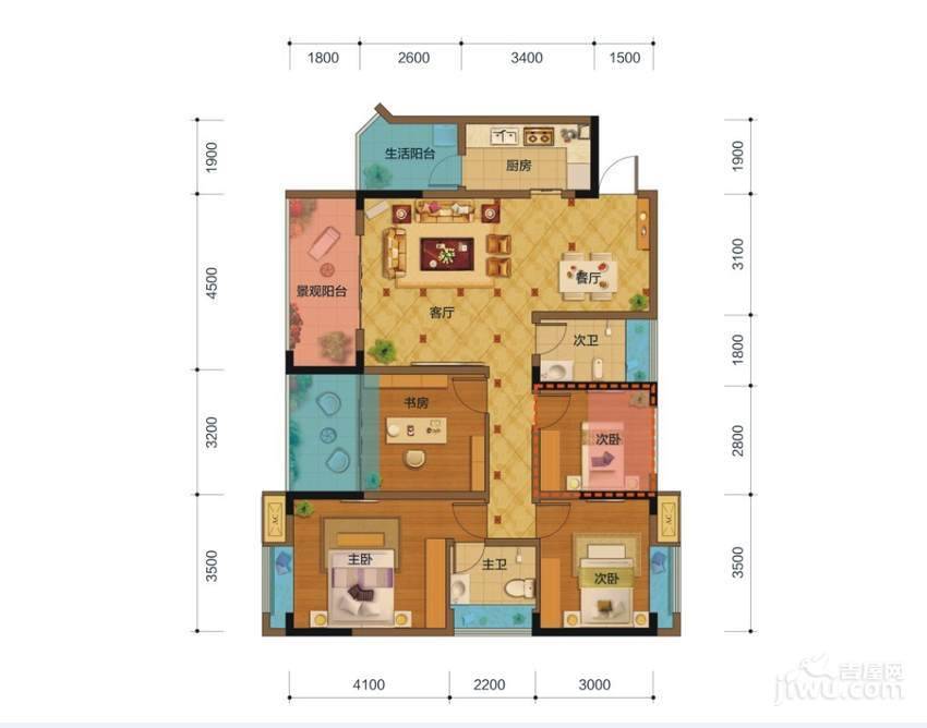 盛源学府名城4室2厅2卫117.3㎡户型图