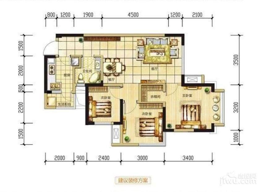 长虹和悦府3室2厅1卫74㎡户型图