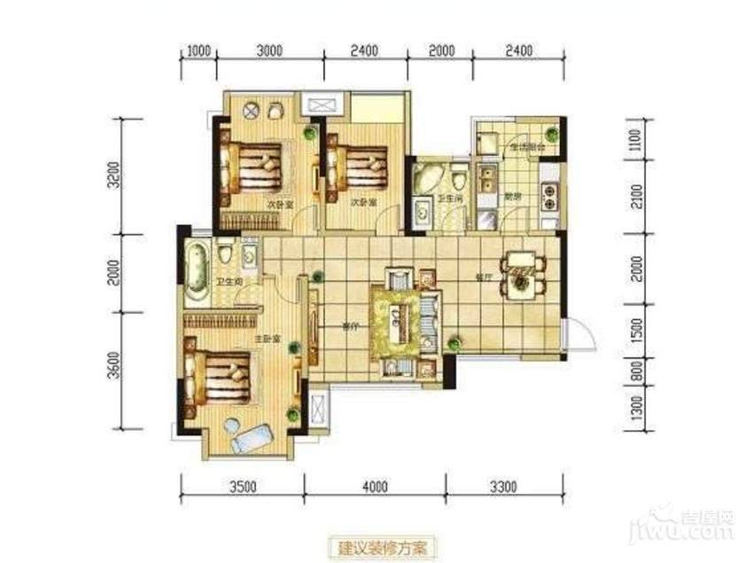 长虹和悦府3室2厅2卫89㎡户型图