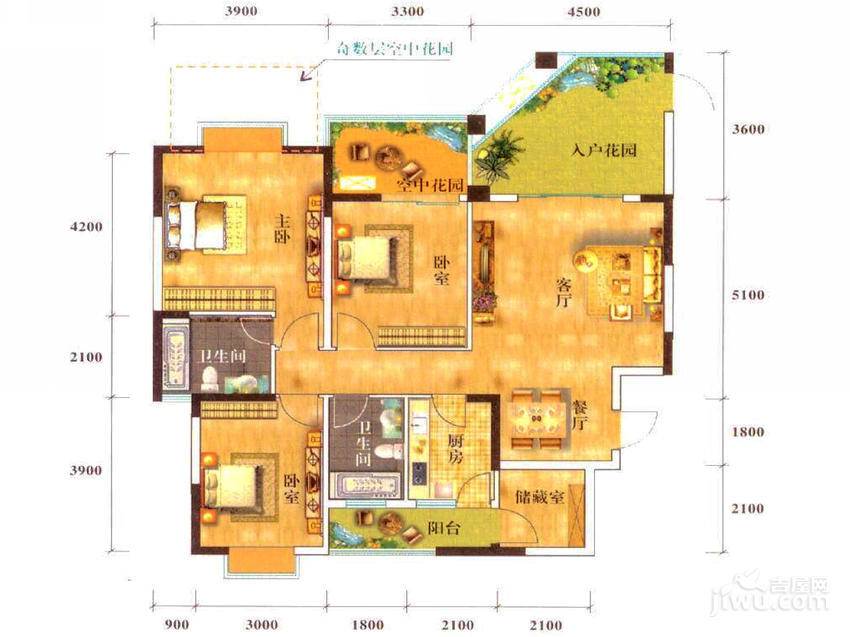 霏红榭3室2厅2卫125.4㎡户型图