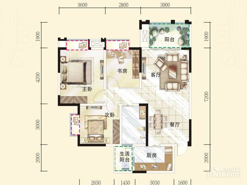 通瑞月光湖3室2厅1卫96.5㎡户型图