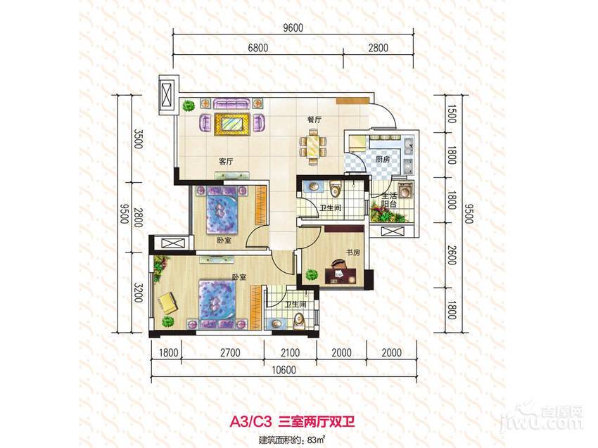 宇众悦城3室2厅2卫83㎡户型图