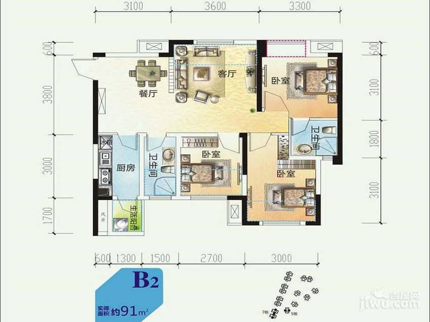 时代悦城3室2厅2卫91㎡户型图