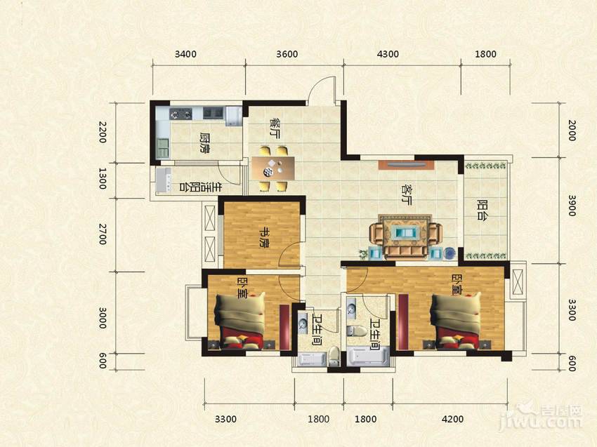 新碧园3室2厅2卫106.6㎡户型图