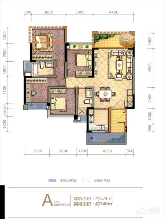 通用时代国际社区4室2厅2卫124㎡户型图