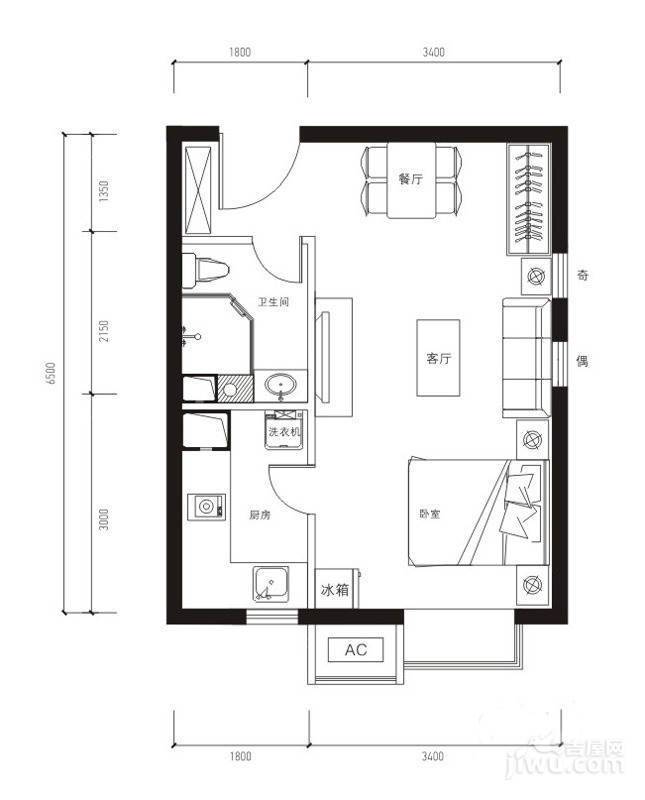 红星国际1室2厅1卫48.4㎡户型图