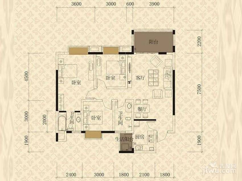 花涧坊3室2厅2卫105㎡户型图