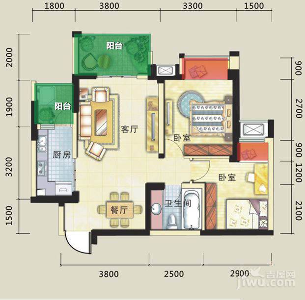 水韵华府2室2厅1卫78㎡户型图