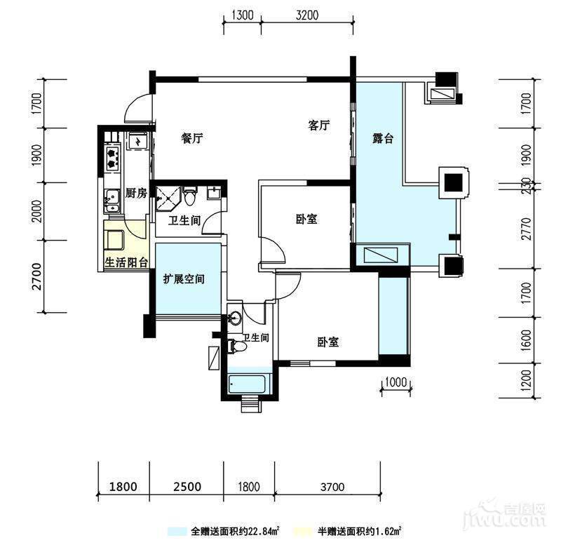 龙城一号2室2厅2卫88㎡户型图