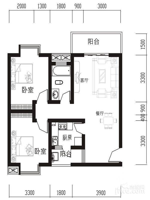 绿城尚品2室2厅1卫78.1㎡户型图